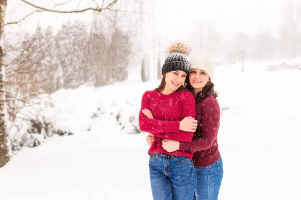 Двоє GIRLS IN RED SWEATERS In the WINTER FOREST — стокове фото