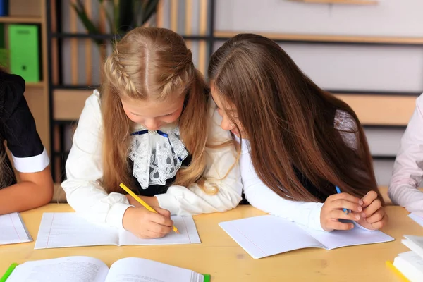 Een jong schoolmeisje in schooluniform schrijft in een notitieboekje. — Stockfoto