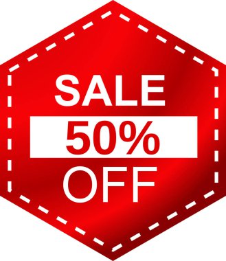 Satış etiketi şablonu, satış etiketi simgesi, satılık kırmızı etiket, kurdeleli% 50 indirim etiketi, kurdele etiketi