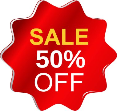 Satış etiketi şablonu, satış etiketi, satılık kırmızı etiket, kurdeleli% 50 indirim etiketi, satış etiketi