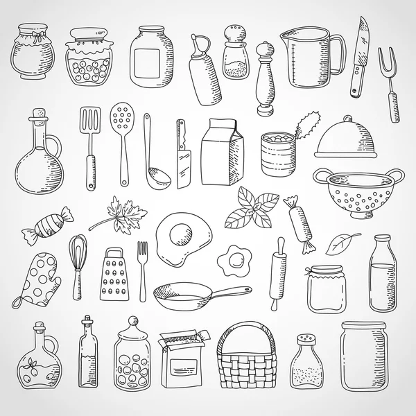 Doodle set alimentos e utensílios de cozinha — Vetor de Stock