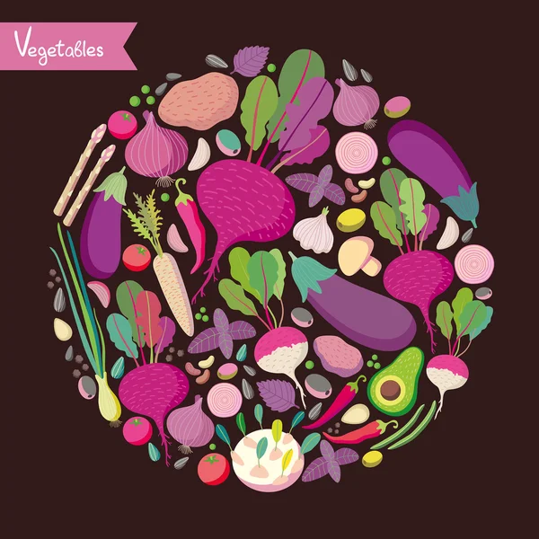 Verduras en un círculo púrpura — Vector de stock