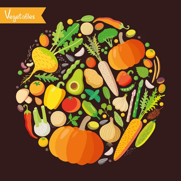Verduras en un círculo naranja — Vector de stock