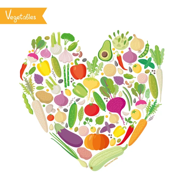 Conjunto de verduras frescas en el corazón — Vector de stock
