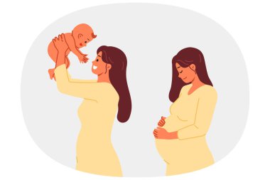 Hamile bir kadın doğum yapar ve doğum öncesi ve sonrası pozlar vererek anneliğe sevinir. Pozitif yalnız kız, annelik ve yeni doğan bebeğe bakma fırsatı sayesinde mutlu.