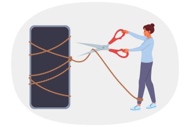 Dijital detoks cep telefonlu bir kadın tarafından yapılır, bağımlılıktan kurtulmak için makasla ip kesilir. Cihazlara ve sosyal ağlara bağlılıkla savaşmak için modern yaşamda dijital detoksun önemi