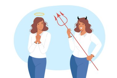 Yönetim ve gelişim tarzını seçen iş kadınının ruhunda iyilik ve kötülükle mücadele et. Başında halesi olan bir iş kadını cennetten geldi. Boynuzlu kadının yanında cehennemden gelen bir şeytan vardı.