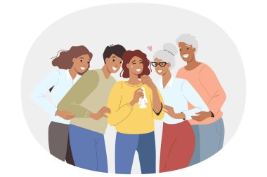 Ağlayan kadın için aile ya da dostlardan grup psikolojik yardım ve destek. Talihsiz bir kızı stresten kurtarmak isteyen gençler ve yaşlılar psikolojik destek sağlıyorlar.