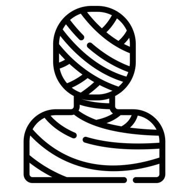 Siyah çizgili bandajlara sarılı mumya figürü.