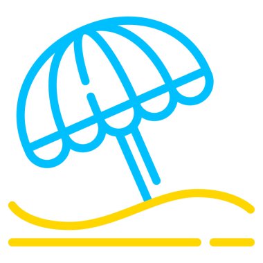 Güneşin altında kumlu sahilde duran renkli şemsiyeler.