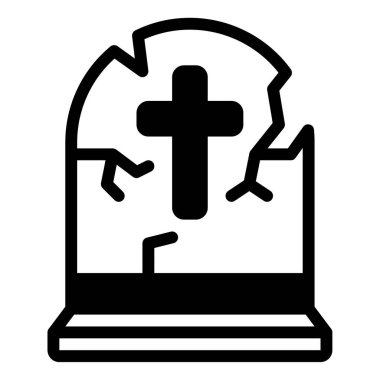 Çapraz sembolü ve çatlakları olan kırık bir mezar taşı.