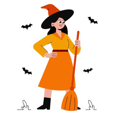 Elinde süpürge sopasıyla cadı gibi giyinmiş kadın.