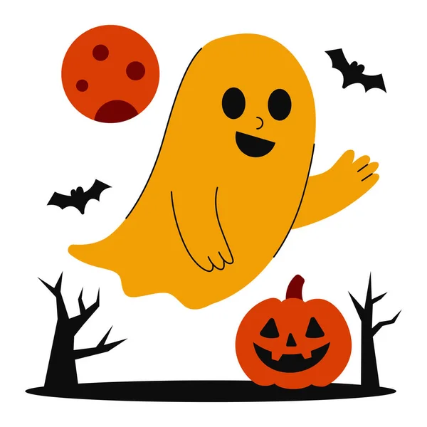 Çizgi film Hayalet Balkabağı ve Çıplak Ağaçların Üzerinde Yüzüyor