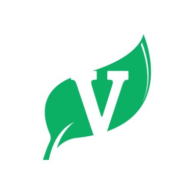 Yeşil yaprak vektör düz dizaynlı V harfli doğal ve çevre dostu logo tasarımı