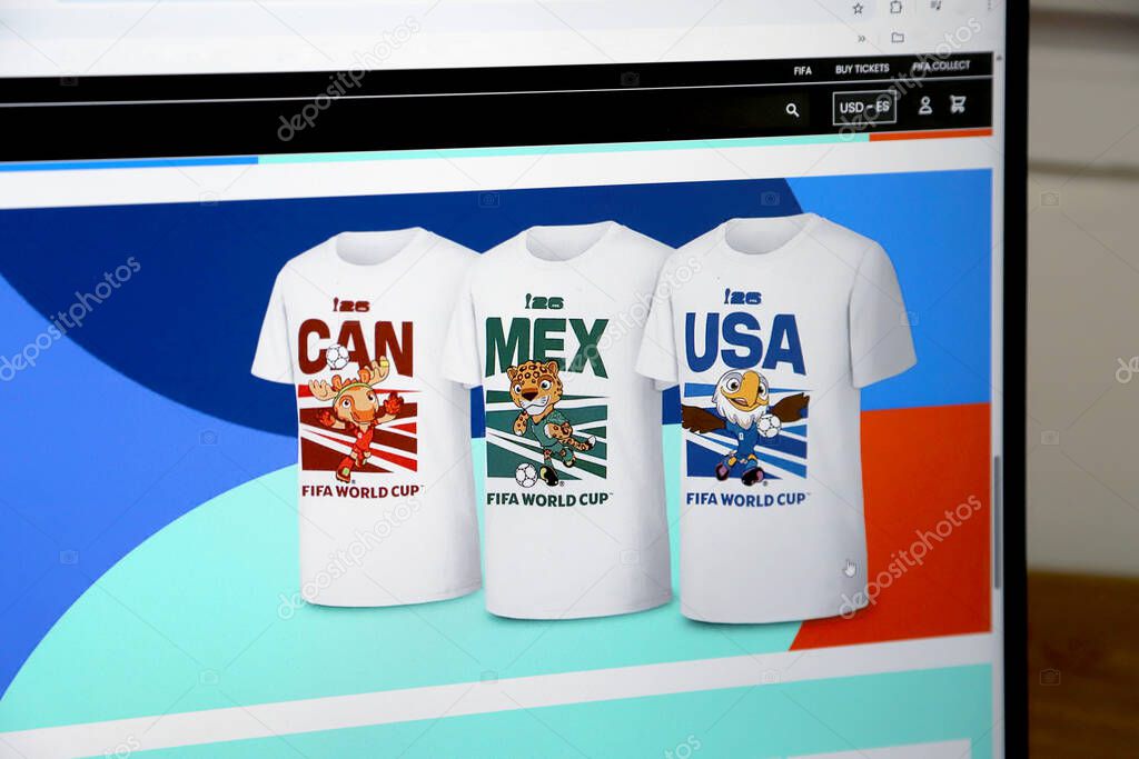 Official website of the 2026 FIFA World Cup with merchandise including jerseys from Canada, Mexico, and the United States featuring the World Cup mascots
