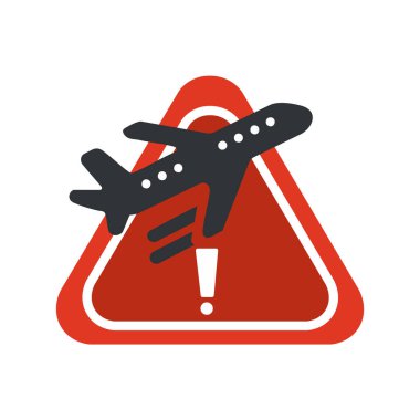 Düz uçuş gecikme uyarı simgesi ünlem işareti ve uçak silueti vektörü