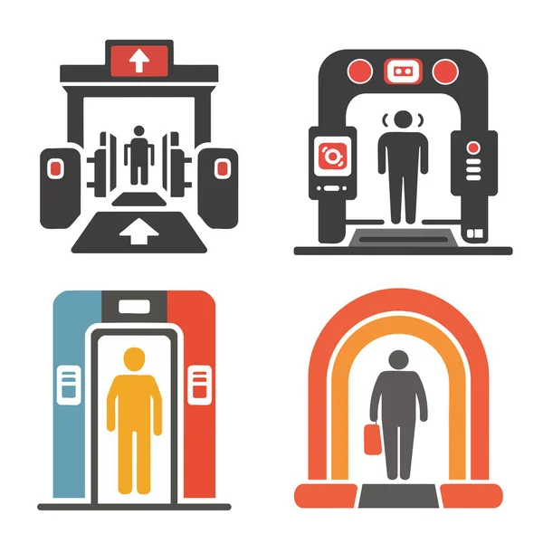 Metal Detektör ve Yön Oklu Düz Havalimanı Güvenlik Kontrol Noktası Simgeleri, Şeffaf Arkaplan Minimum Vektör Tasarımı