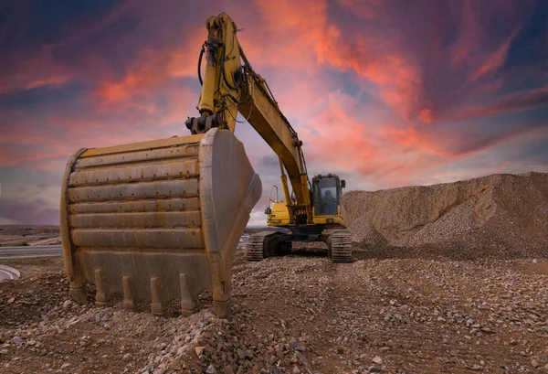 Graafmachine Aan Het Einde Van Een Werkdag Een Bouwplaats Stockfoto