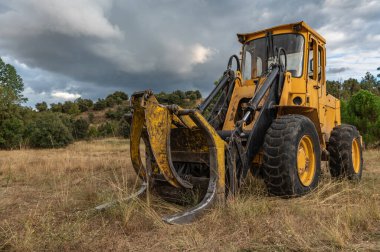 Bir kereste fabrikasında kereste taşımak ve yüklemek için endüstriyel makineler.