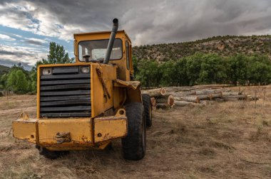 Bir kereste fabrikasında kereste taşımak ve yüklemek için endüstriyel makineler.