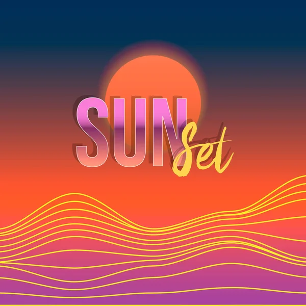 soyut tepelerin renkli vektör çizimleri kırmızı güneşin altındaki dalgalı çizgiler ve gün batımı.