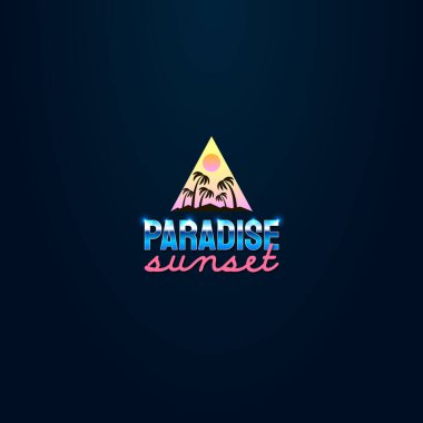 Manşet yazı cennetinin geçmişe dönük fütürizm tarzında renkli basit vektör illüstrasyonu. Gün batımında palmiye ağaçları silueti ve üçgen bir çerçevede güneş.