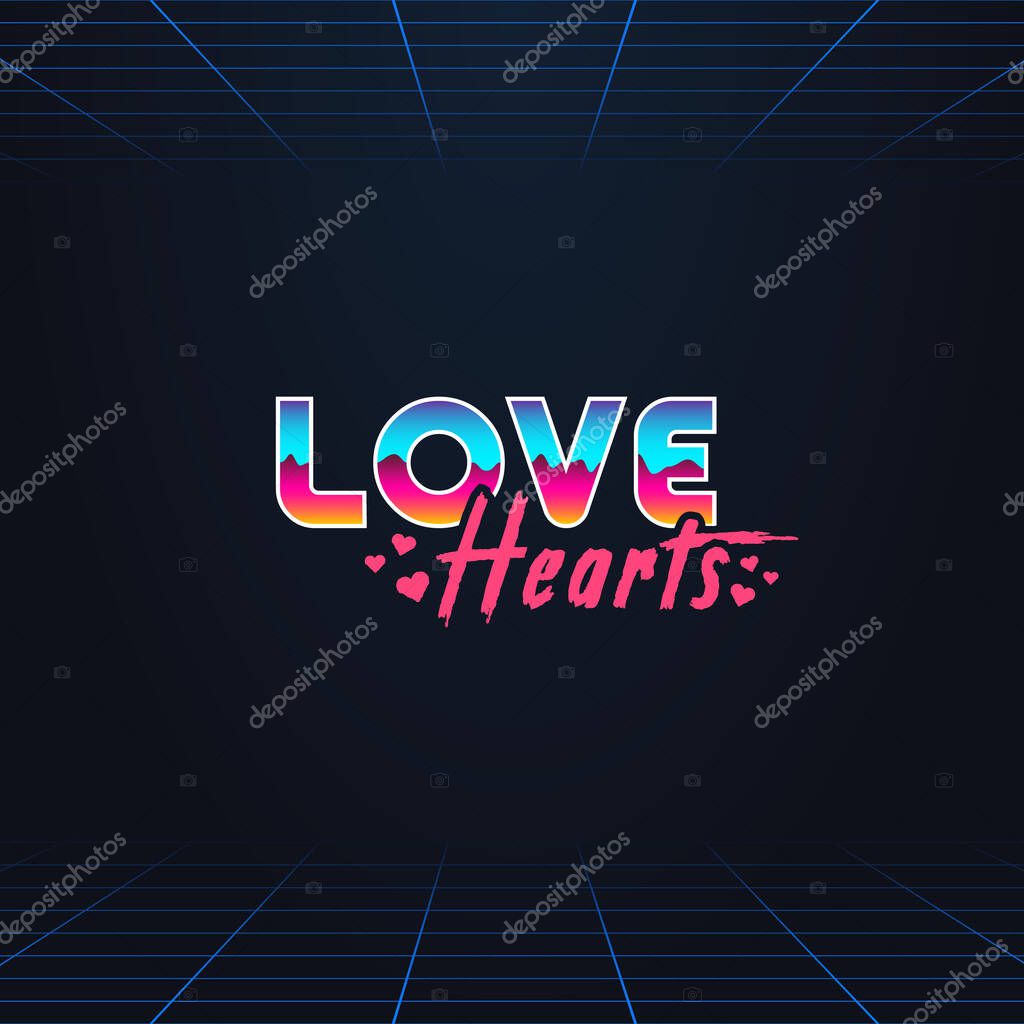 Colorful simple vector illustration in retro futurism style of 1980s of headline signboard text love hearts