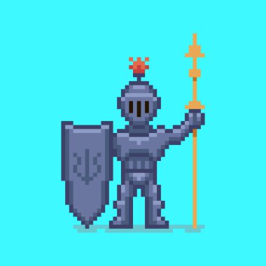 Ortaçağ şövalyesinin elinde mızrak ve kalkanla basit düz pikselli resim çizimi.