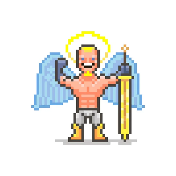 Altın kılıçlı güçlü koruyucu meleğin gülümseyen basit düz pikselli sanat çizimi kaslarını gösteriyor.