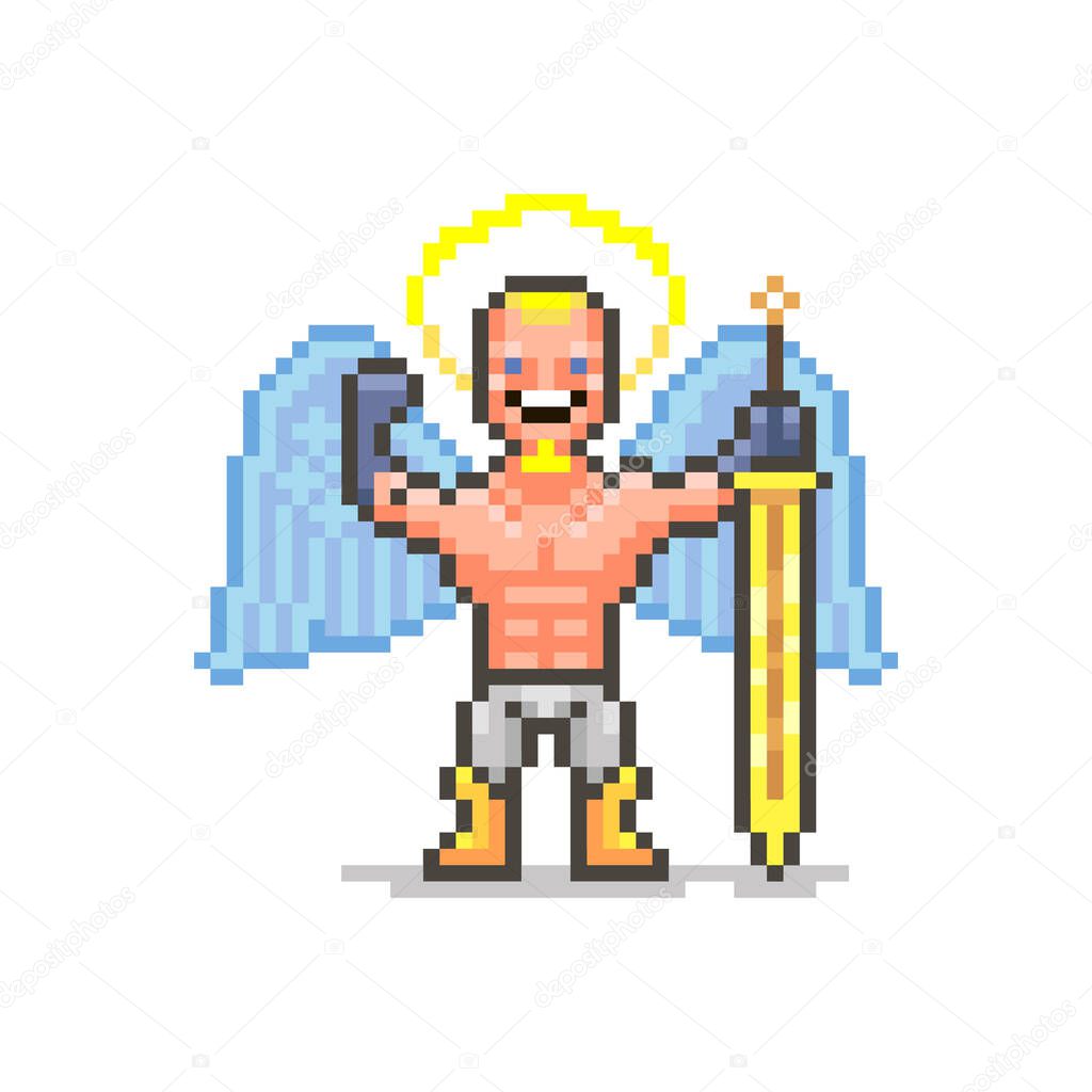 colorful simple flat pixel art illustration of smiling strong guardian angel with golden sword shows his biceps