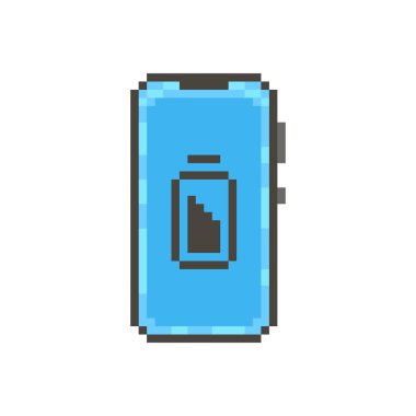 Renkli basit düz pikselli modern akıllı telefonun çizimi ekranda batarya azlığı işareti var.