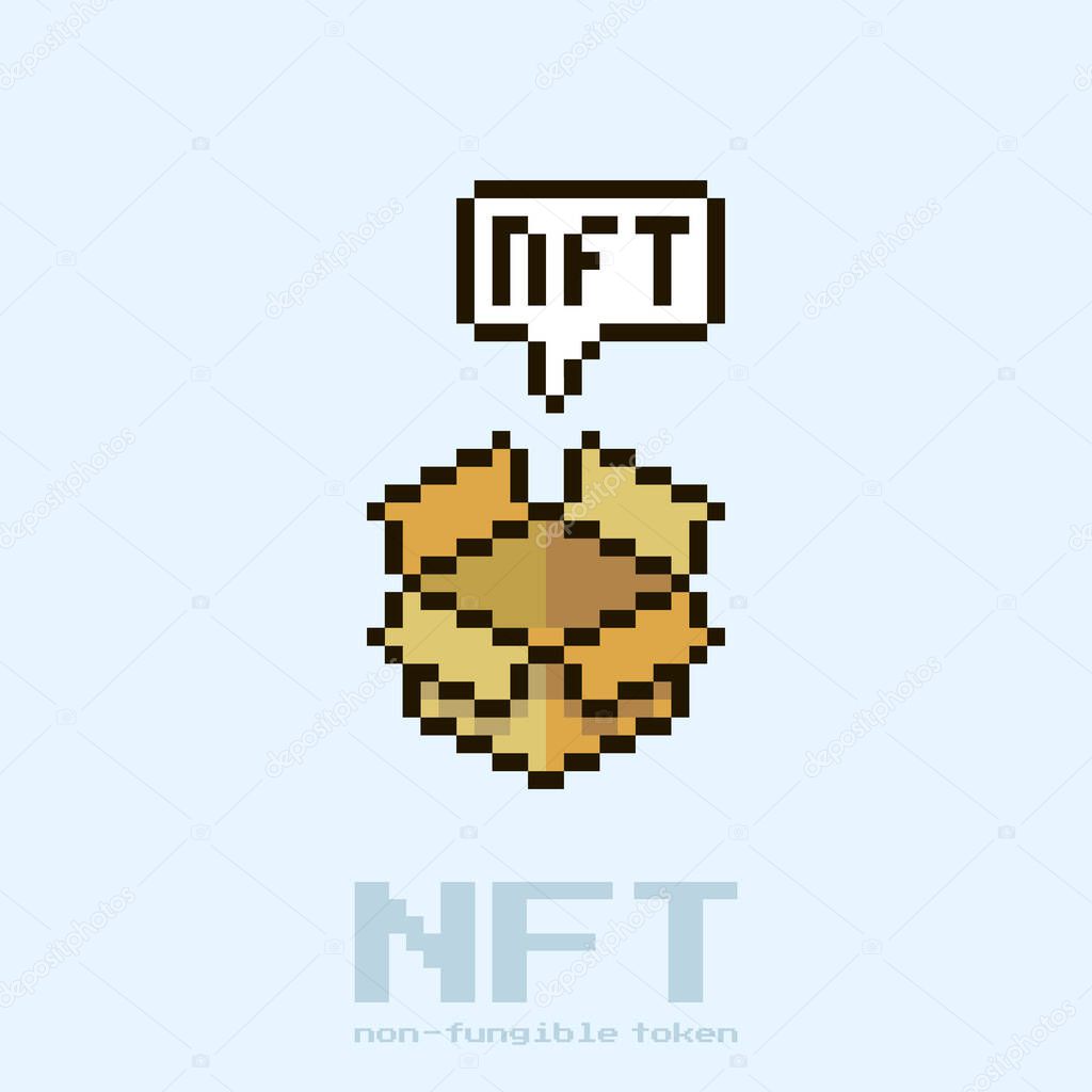 colorful simple flat pixel art illustration of open cardboard box with text box and the inscription NFT in it