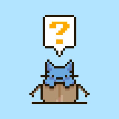 colorful simple flat pixel art illustration of cartoon cute kitten sitting in an open cardboard box and speech-bubble with question mark in it