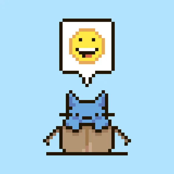 colorful simple flat pixel art illustration of cartoon cute kitten sitting in an open cardboard box and speech-bubble with laughing emoji in it