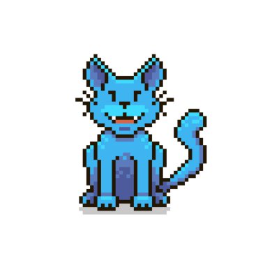 renkli basit düz pikselli resim çizimi neşeli mavi bir fantezi oturan kedi