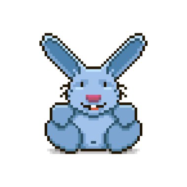 Küçük tavşancık otururken gülümseyen çizgi filmin renkli basit düz pikselli resim çizimi