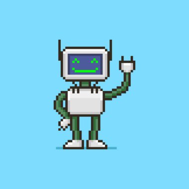 Yüzü yerine ekranı olan gülümseyen insansı robotun renkli basit düz pikselli sanat çizimi