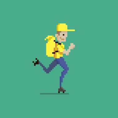colorful simple flat pixel art illustration of cartoon character delivery man in yellow uniform with yellow backpack riding roller skates