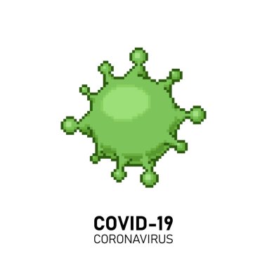 colorful simple flat pixel art illustration of cartoon image of green bacteria coronavirus labeled covid-19