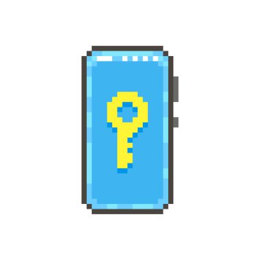 Renkli basit düz pikselli modern akıllı telefonun, ekranda sarı, modern anahtarla çizimi