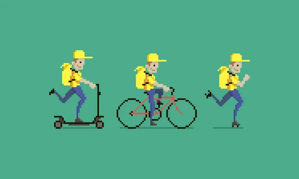 Çizgi Film Karakteri Sarı Üniformalı Sırt Çantalı Motorlu Bisikletli Tekerlekli — Stok Vektör