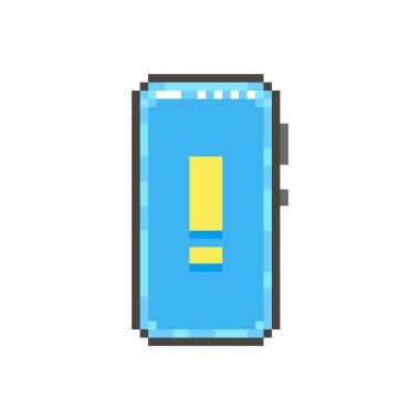 Ekranda sarı ünlem işareti olan modern akıllı telefonun renkli basit düz pikselli resim çizimi