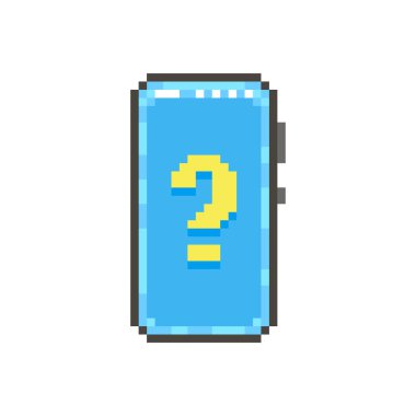 Ekranda sarı soru işareti olan modern akıllı telefonun renkli basit düz pikselli resim çizimi