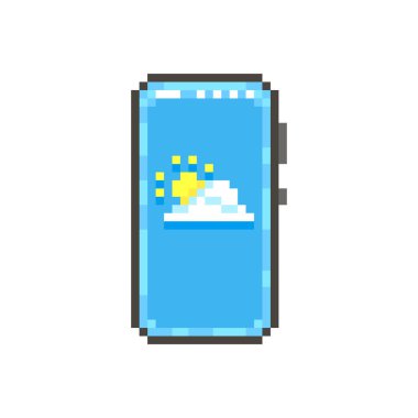 Ekrandaki hava durumu uygulaması için bulutlu ve güneşli modern akıllı telefonun renkli basit düz pikselli sanat çizimi