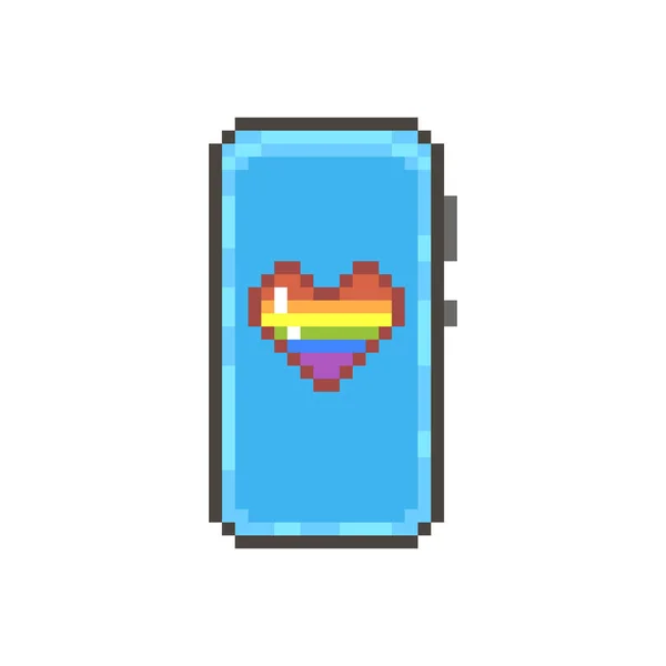 像素艺术的现代智能手机插图 屏幕上有爱的心形的Lgbt彩虹片 — 图库矢量图片