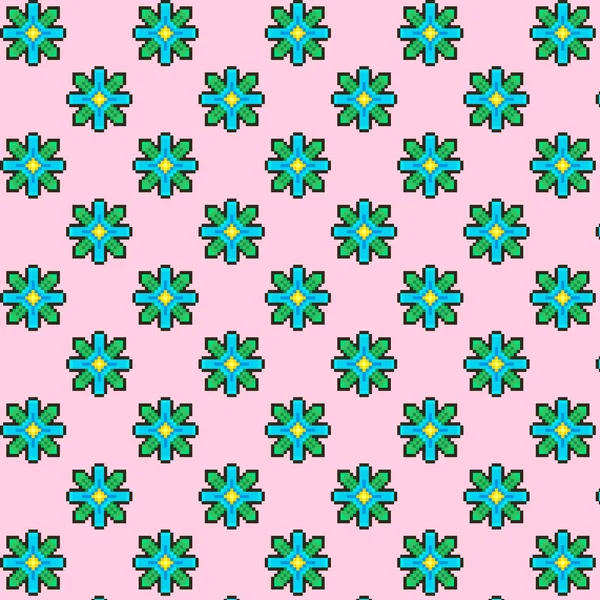 ファンタジーのシンプルなベクトルピクセルアート多色の無限のパターン四弁の青い花 シームレスファンタジーフラワーパターン — ストックベクタ