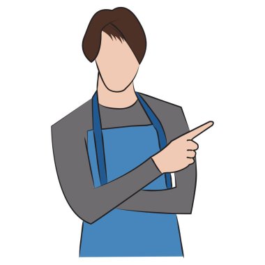 Mavi önlük takıp sağa bakan yüzü olmayan birinin düz vektör çizimi. Hizmet sektörü kavramları, perakende personeli, rehberlik talimatları, müşteri hizmetleri temaları ve öğretici grafikler için uygundur.