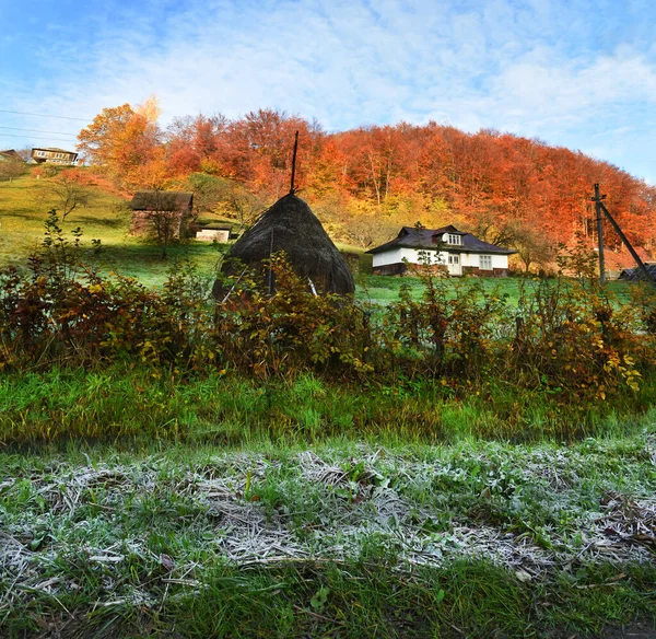 Холодное Осеннее Солнечное Утро Сельской Местности Горах Травянистый Склон Инеем — стоковое фото