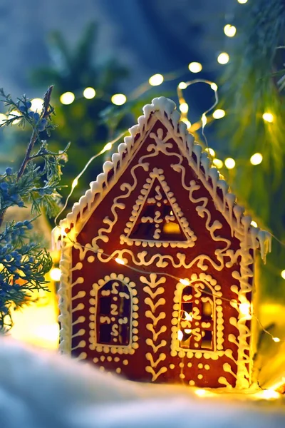 Fabulous Photo Christmas New Year Decorations Gingerbread Huts Magic Lights — Stock Photo, Image