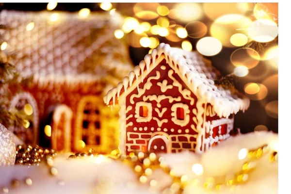 Ein Fabelhaftes Foto Mit Weihnachtlichem Neujahrsschmuck Aus Lebkuchenhütten Und Magischen — Stockfoto
